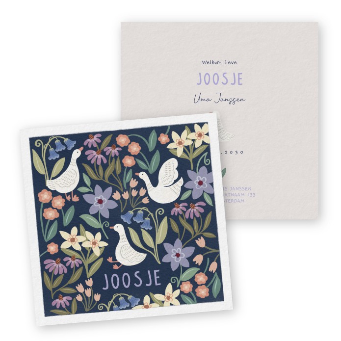 Geboortekaartje Joosje gansje en bloemen patroon Donkerblauw - Froukje den Nijs