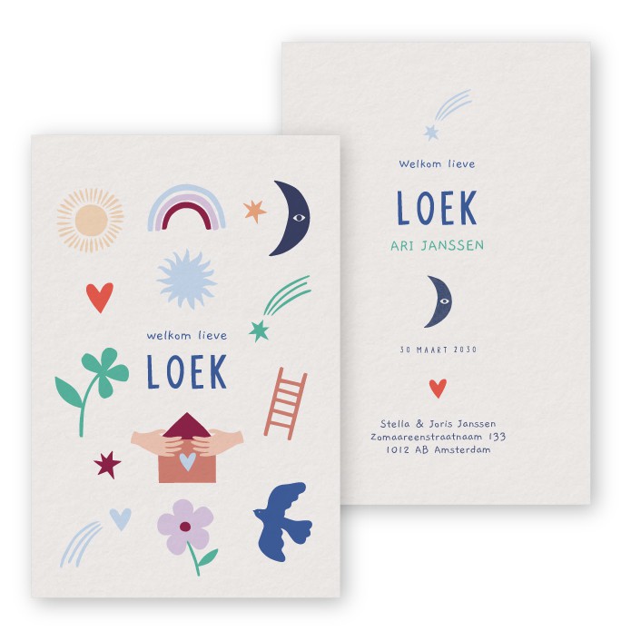 Geboortekaartje kleurrijke symbolen Loek - Froukje den Nijs