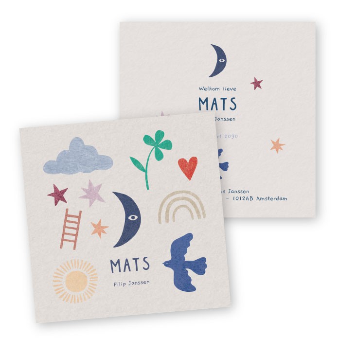 kleurrijk geboortekaartje illustratie maan wolkje klaver