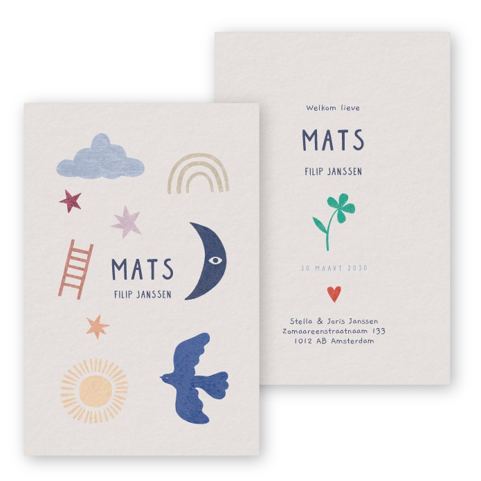 Geboortekaartje symbolen multicolor Mats - Froukje den Nijs