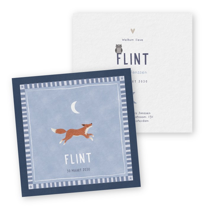 exclusief ontwerp geboortekaartje jongen met vosje op karton