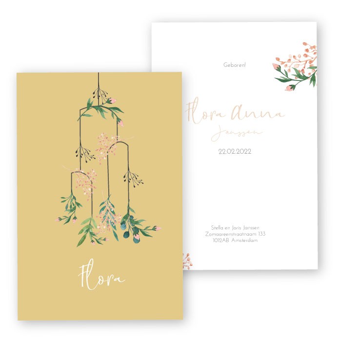 Geboortekaartje baby mobiel botanisch