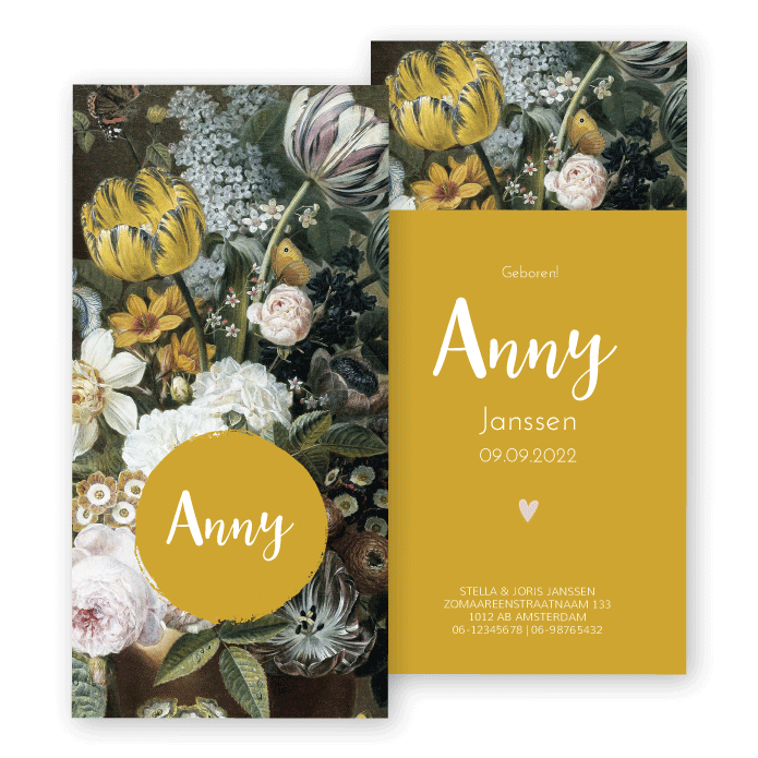 Geboortekaartje bloemen schilderij Anny