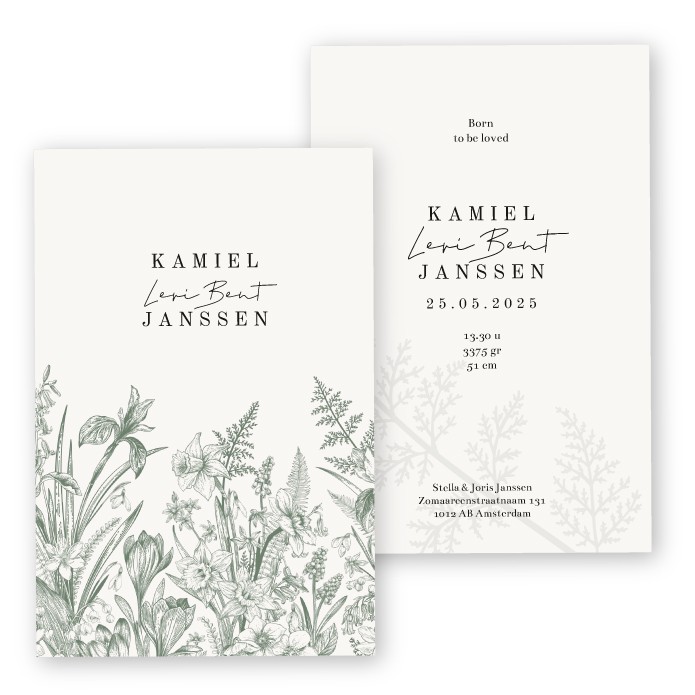 Geboortekaartje getekende bloemen Kamiel