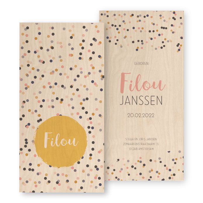 Geboortekaartje hout confetti Filou