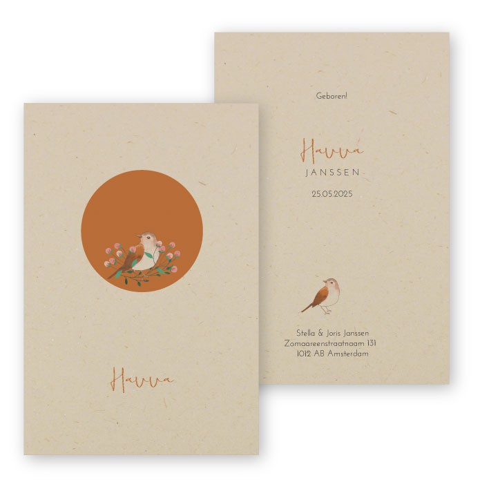 Geboortekaartje duurzaam vogeltje Havva