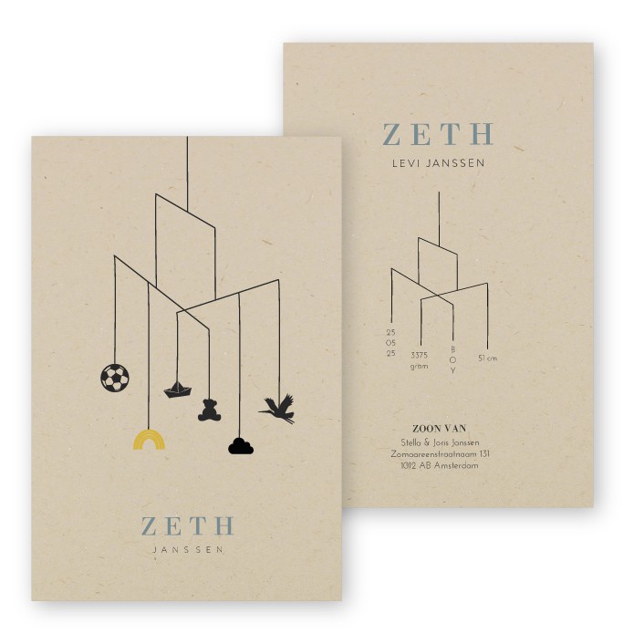 geboortekaartje jongen met babymobiel, regenboog, ooievaar, knuffel en voetbal