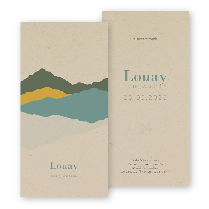 Geboortekaartje duurzaam moderne bergen Louay