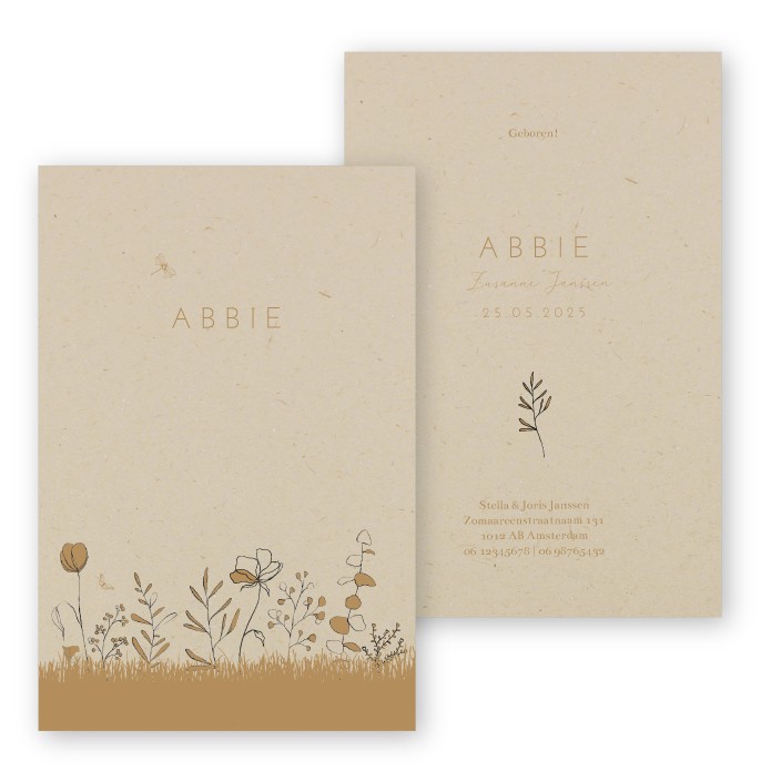 Geboortekaartje ecologisch getekende bloemen Abbie