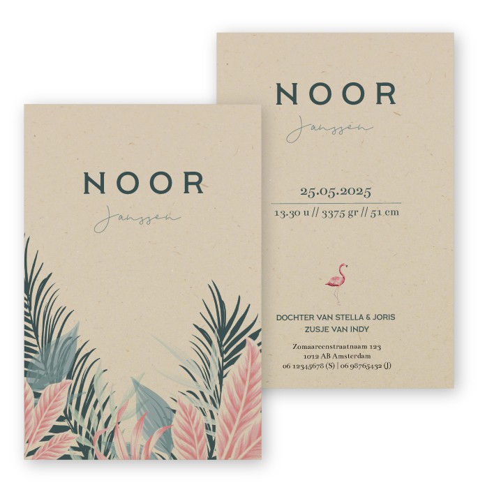 Geboortekaartje duurzaam jungle flamingo Noor