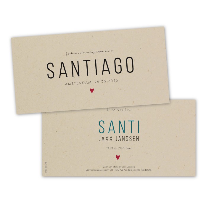 Geboortekaartje duurzaam handwrite Santiago