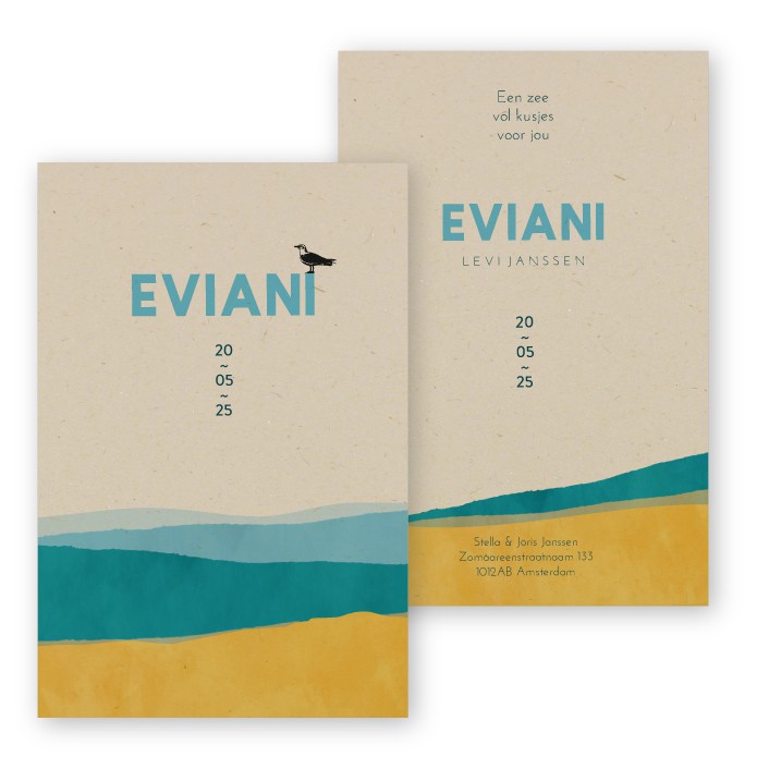 Geboortekaartje ecologisch waterverf zee Eviani