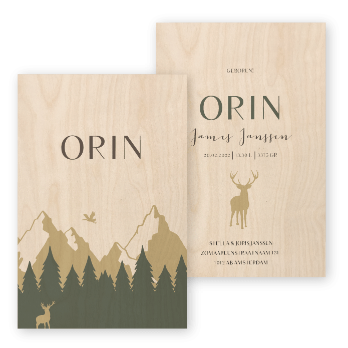 Geboortekaartje echt hout Orin