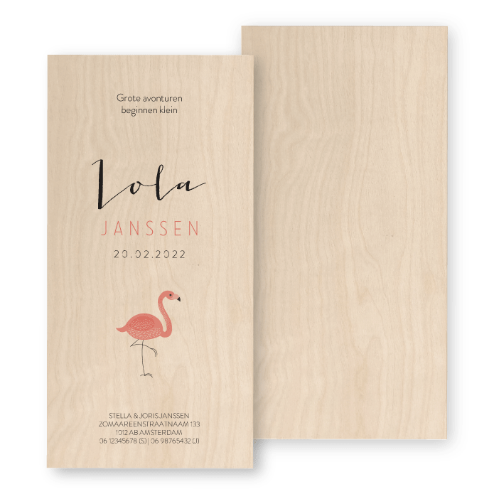 Geboortekaartje hout flamingo Lola
