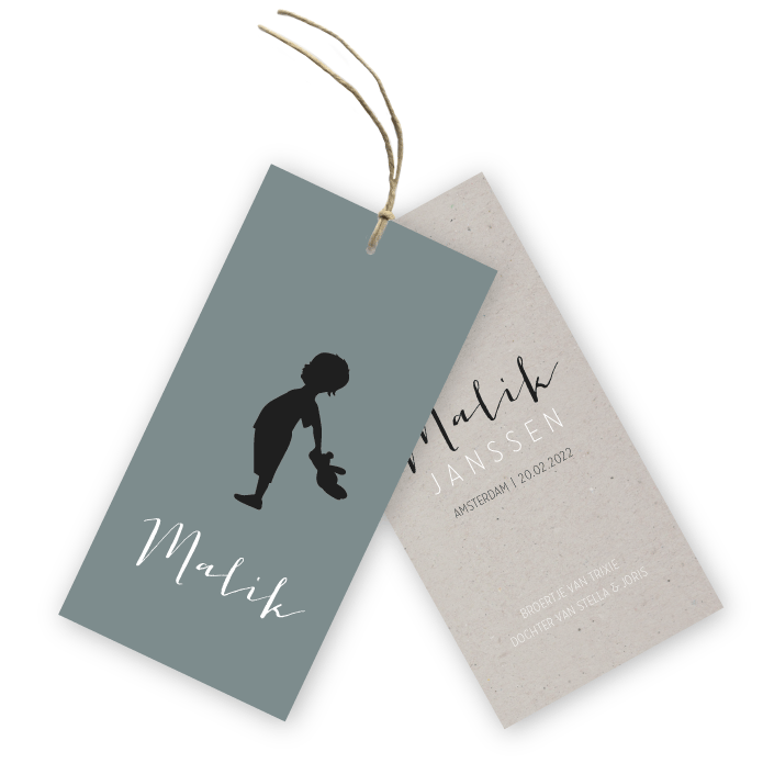 Geboortekaartje grijs kraft papier silhouetje Malik