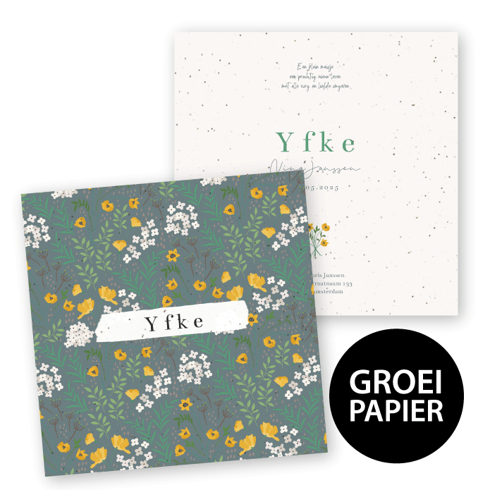 Geboortekaartje groeipapier vierkant lente bloemen Yfke