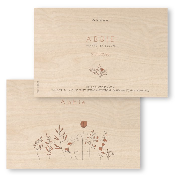 Geboortekaartje hout bloemetjes Abbie