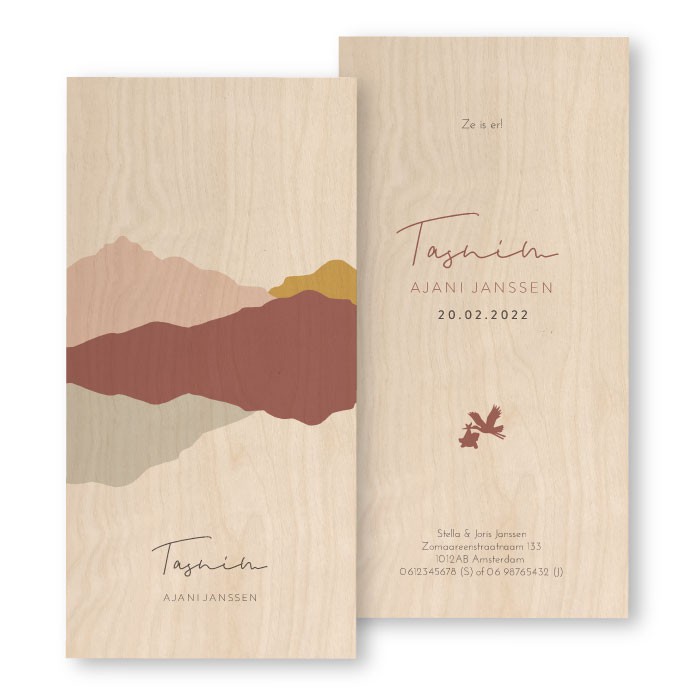 Geboortekaartje hout abstracte bergen Tasnim