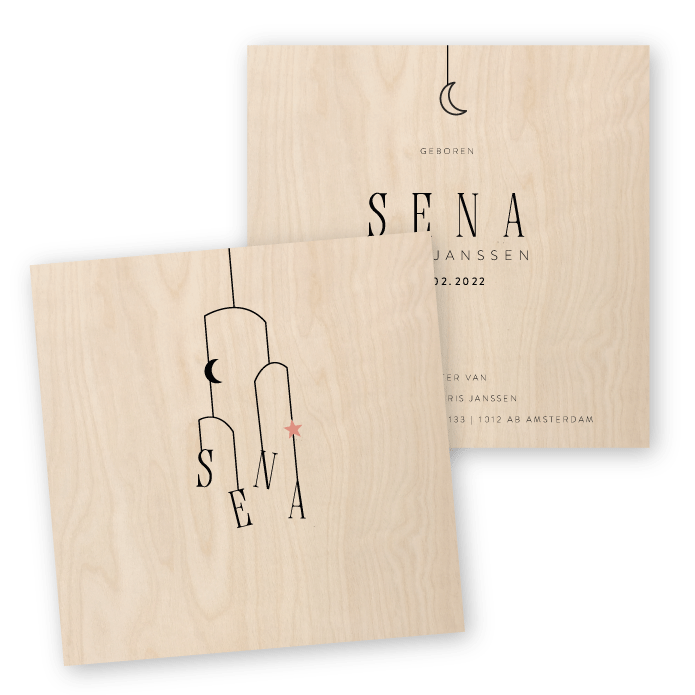 Geboortekaartje hout baby mobiel Sena