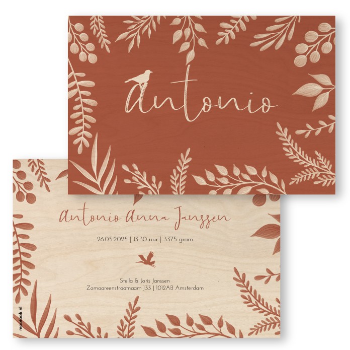 Geboortekaartje hout botanisch Antonio