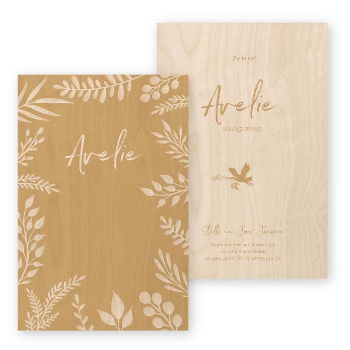 Geboortekaartje hout botanisch Avelie