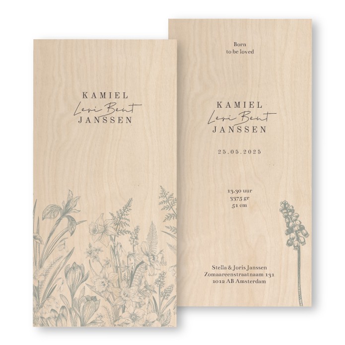 Geboortekaartje hout wilde bloemen staand Kamiel