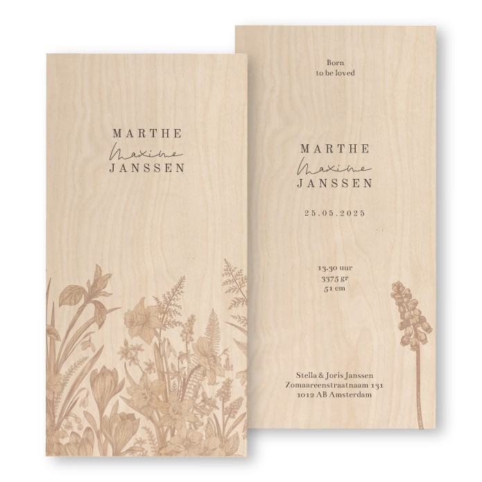 Geboortekaartje hout wilde bloemen staand Marthe