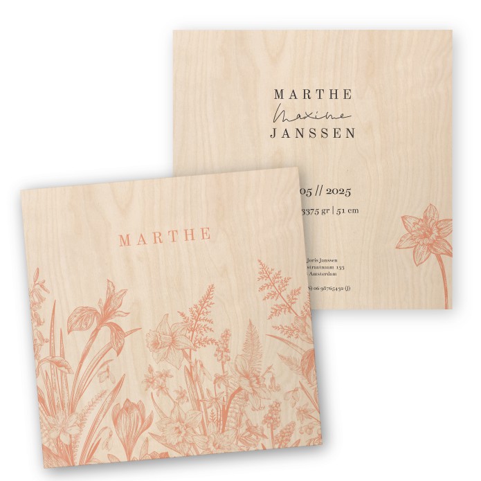 Geboortekaartje hout wilde bloemen vierkant Marthe