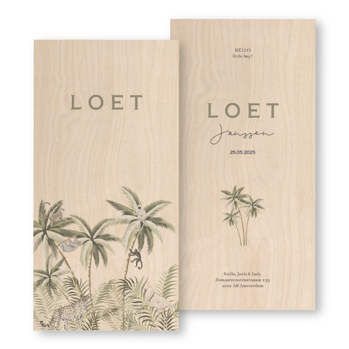 Geboortekaartje hout jungle Loet