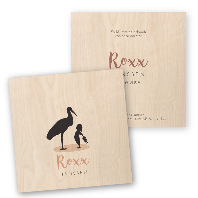 Geboortekaartje hout ooievaar Roxx