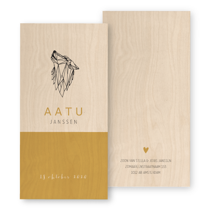 geboortekaartje hout geometrische wolf Aatu