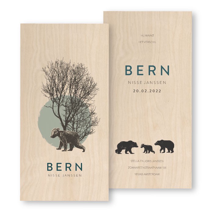 Geboortekaartje hout getekende beer Bern