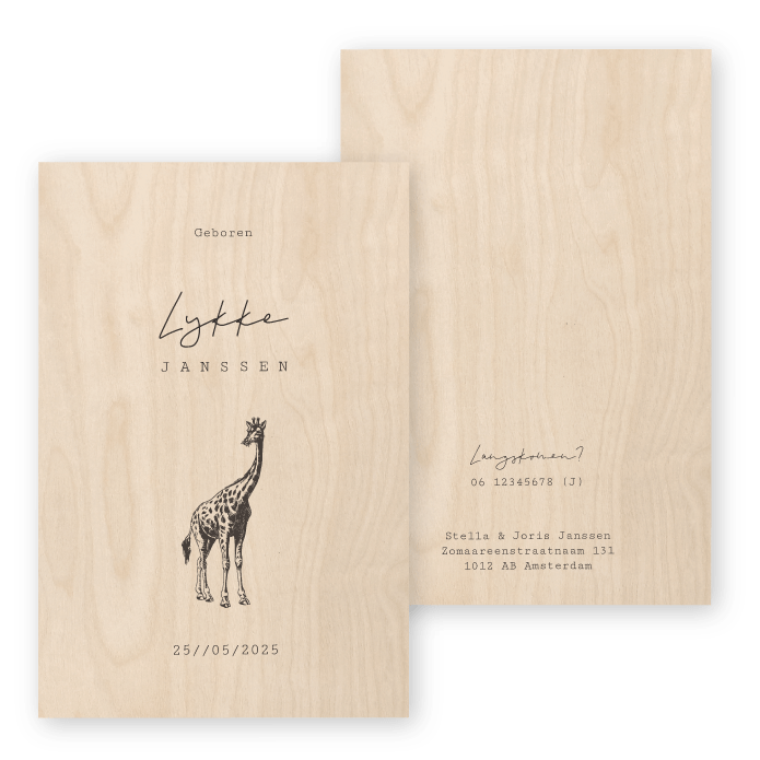 Geboortekaartje hout giraf Lykke