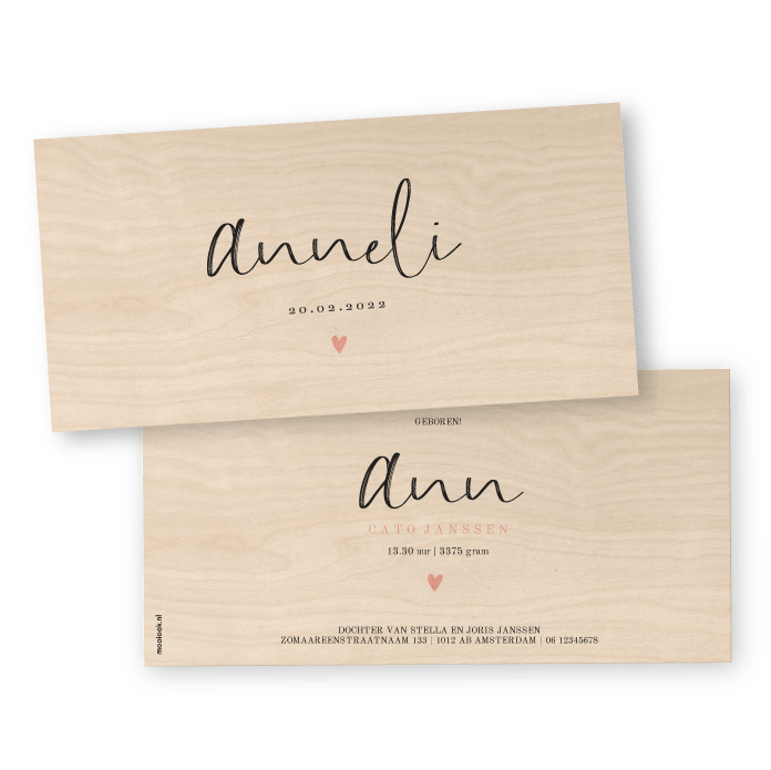 Geboortekaartje hout handwrite Anneli