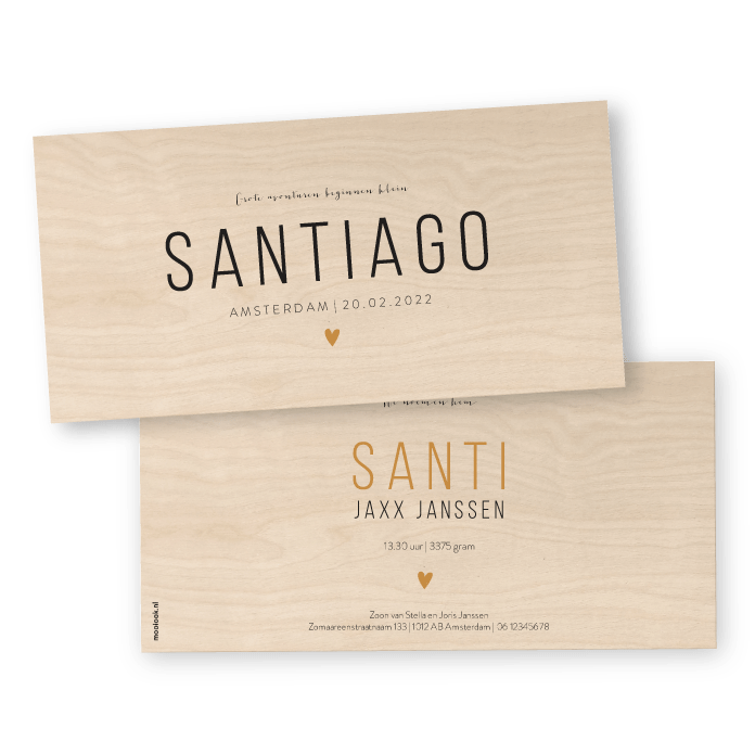 Geboortekaartje echt hout handwrite Santiago