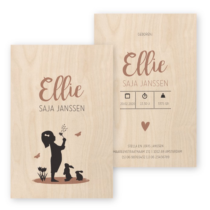 Geboortekaartje hout silhouetje meisje Ellie
