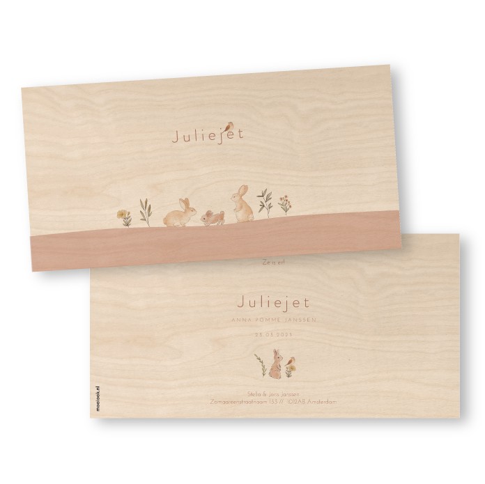 Geboortekaartje hout konijntjes Juliejet
