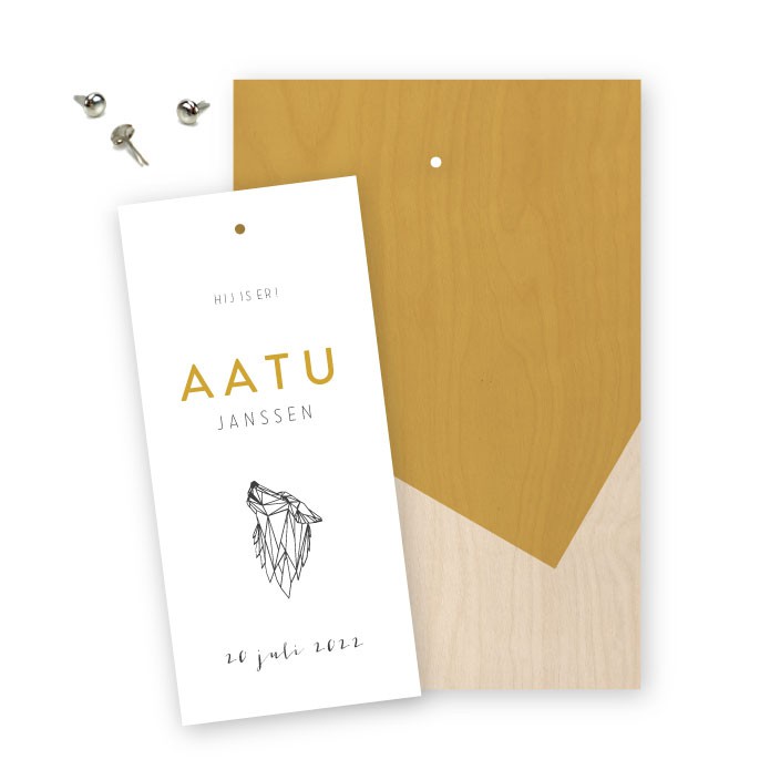 Geboortekaartje hout labels wolf Aatu