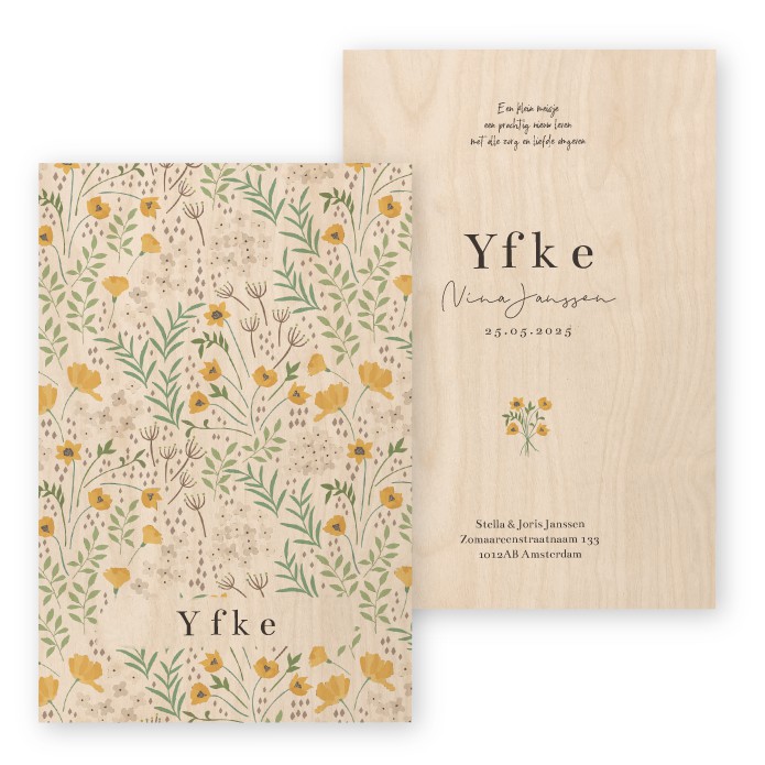 Geboortekaartje echt hout lente bloemen Yfke