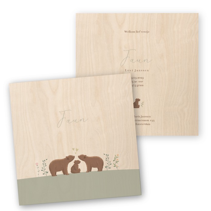 Geboortekaartje hout lieve beertjes Faun