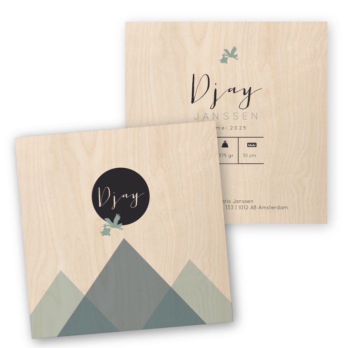Geboortekaartje hout vierkant bergen Djay