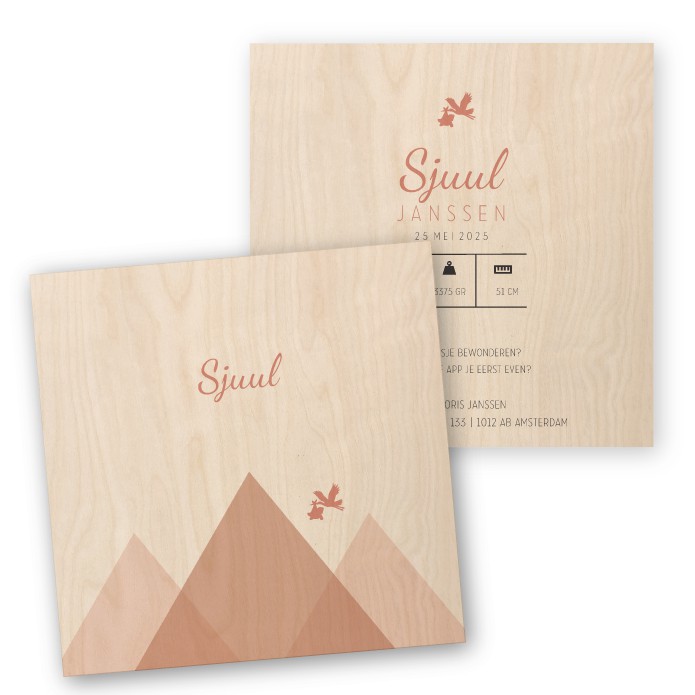 Geboortekaartje hout vierkant bergen Sjuul