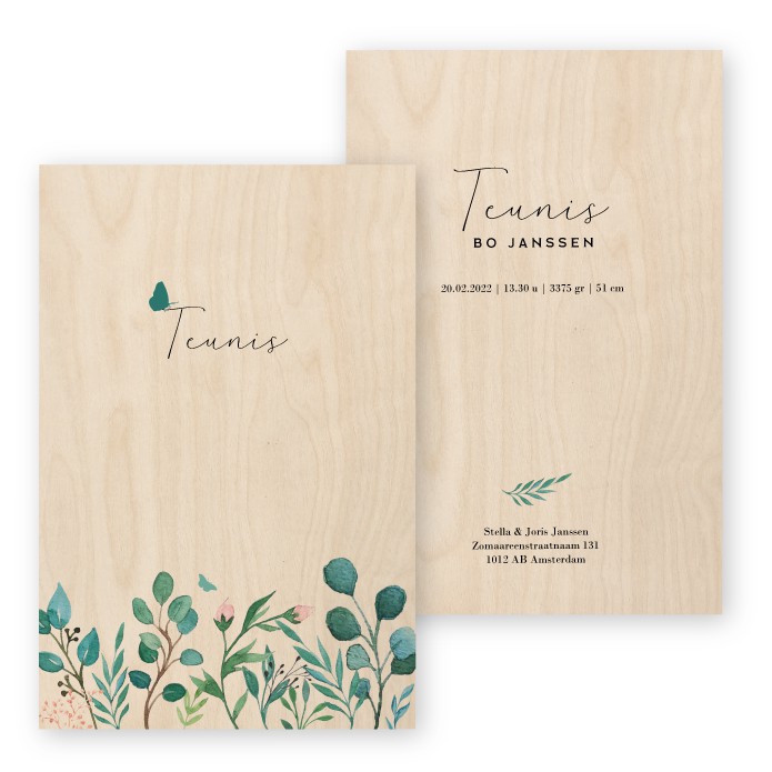 Geboortekaartje hout waterverf Teunis