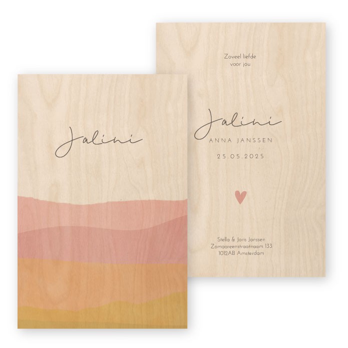 Geboortekaartje echt hout waterverf zee Jalini