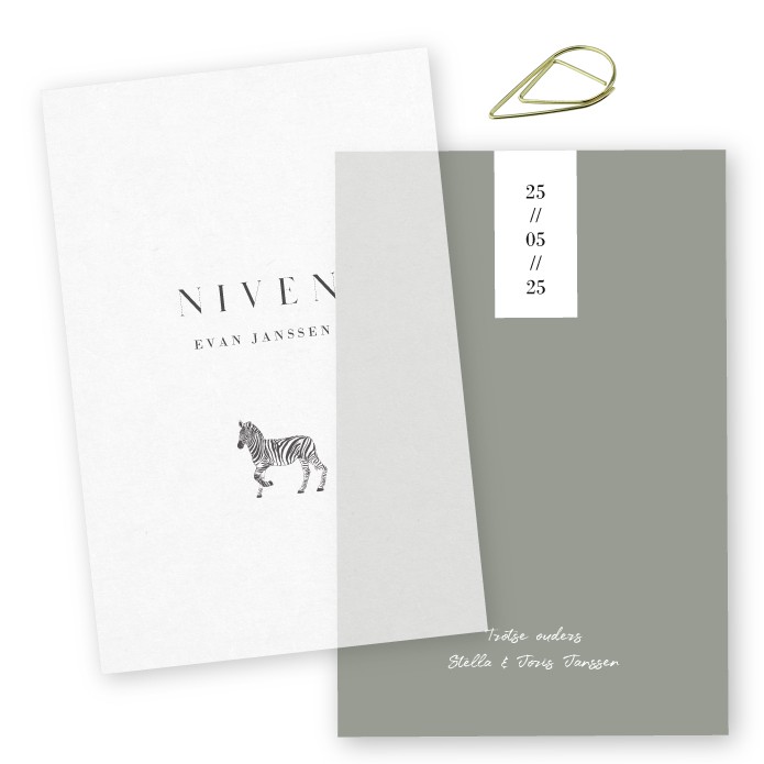 Geboortekaartje kalkpapier labels zebra Niven
