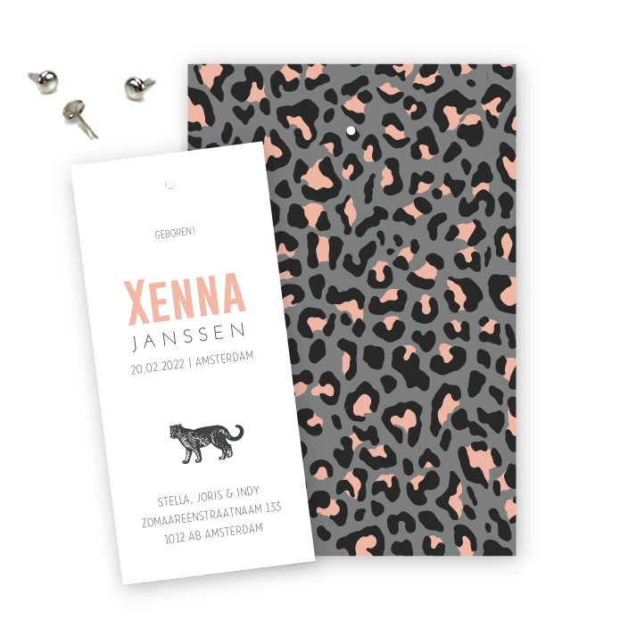 Geboortekaartje klembord panter print Xenna