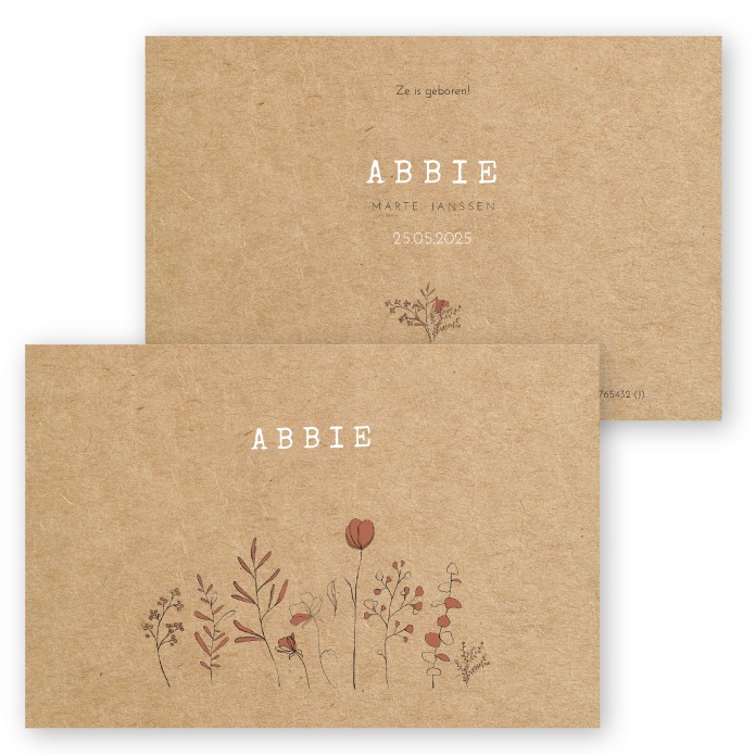 Geboortekaartje kraft karton bloemetjes Abbie