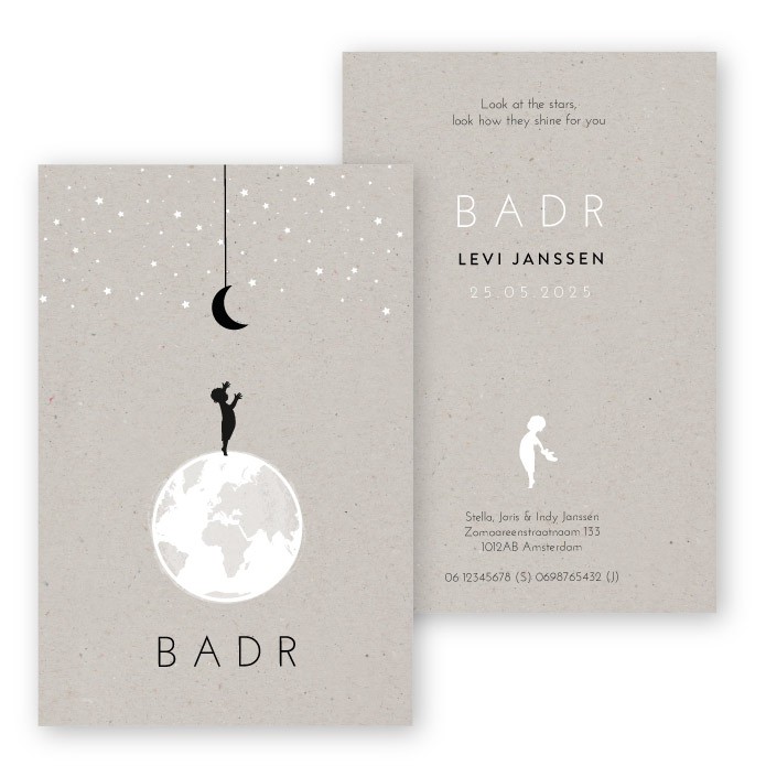 Geboortekaartje kraft karton wereldbol Badr