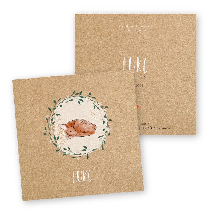 Geboortekaartje kraft karton waterverf hertje Luke