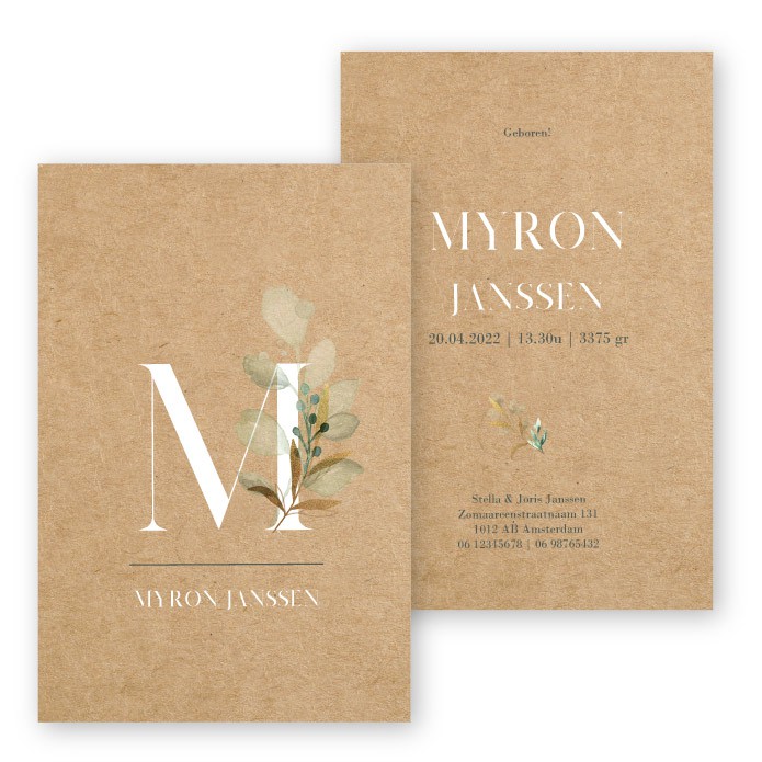 Geboortekaartje kraft karton goud waterverf letter Myron
